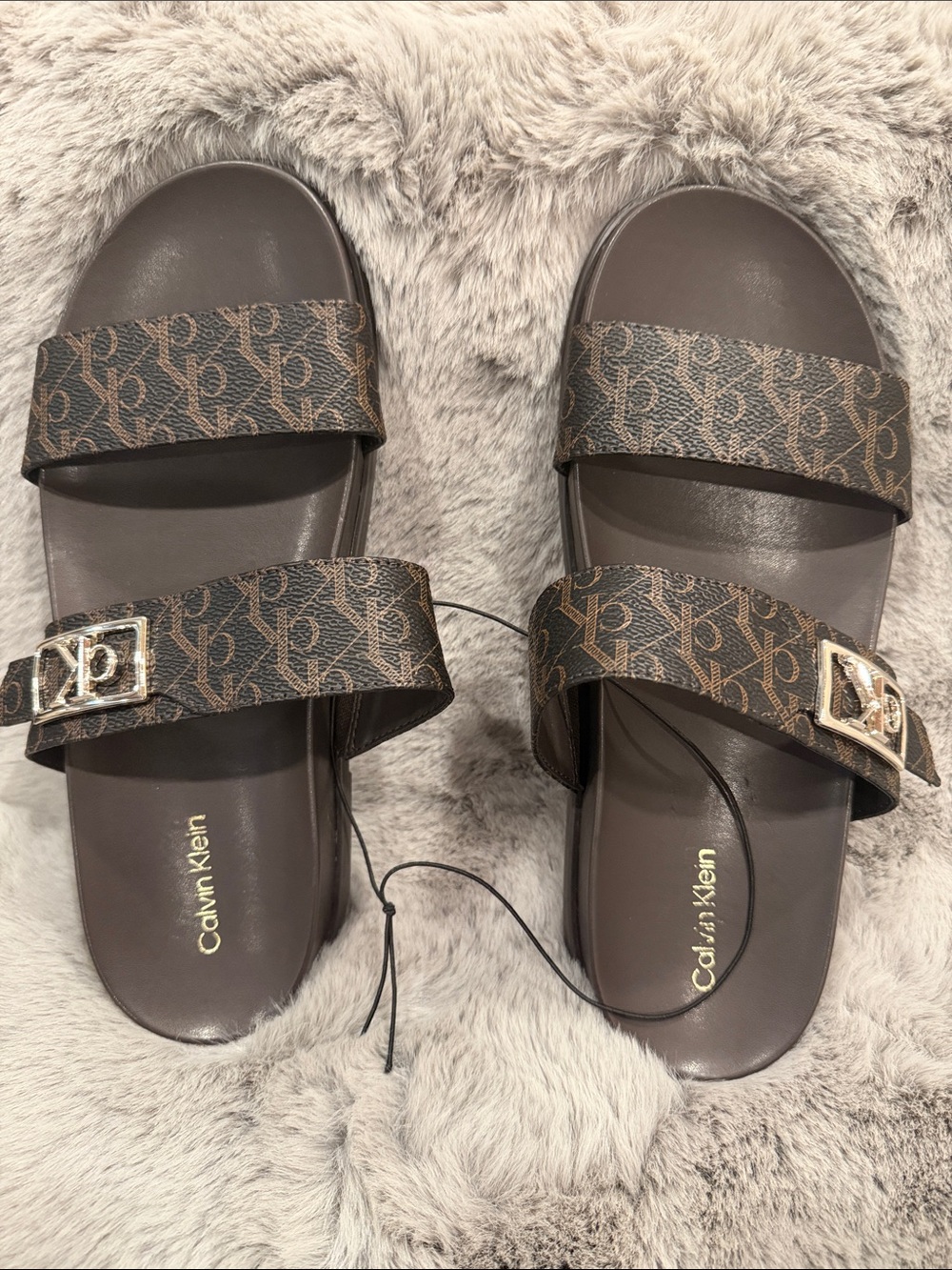 Calvin Klein Monogram Brown Double Strap Slide Sandals Engraved Gold Buckles 8M